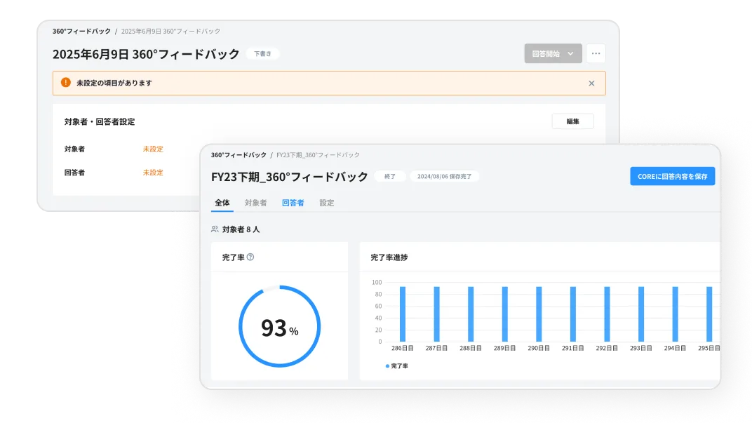 評価対象者・回答者の設定画面と、グラフ化された回答進捗率の画面